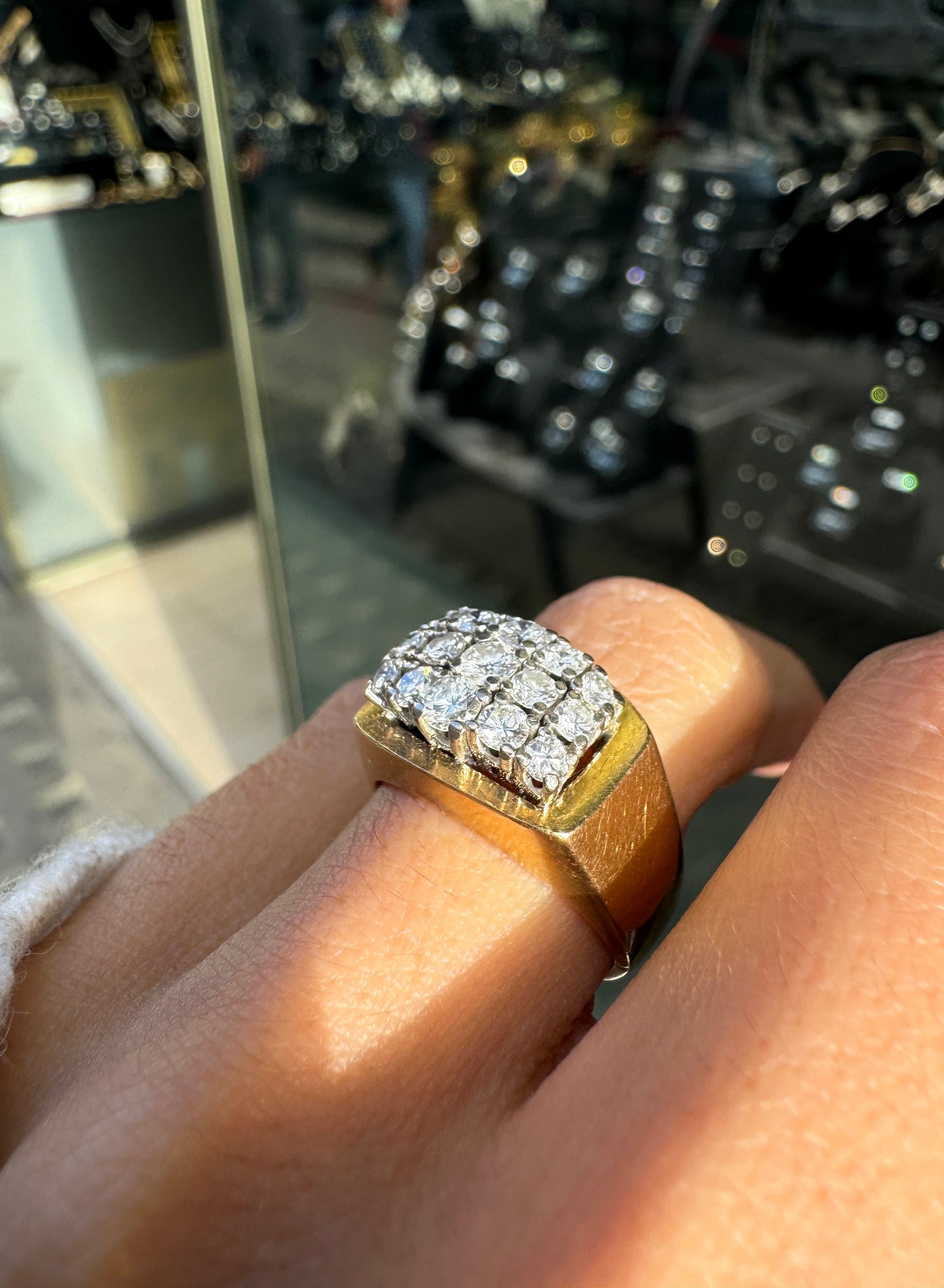 Vintage Bucherer Diamond Cluster Signet Dress Ring in 18K Yellow and White Gold