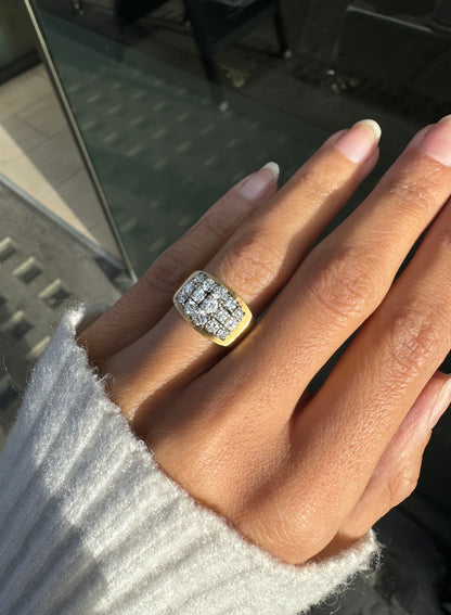 Vintage Bucherer Diamond Cluster Signet Dress Ring in 18K Yellow and White Gold