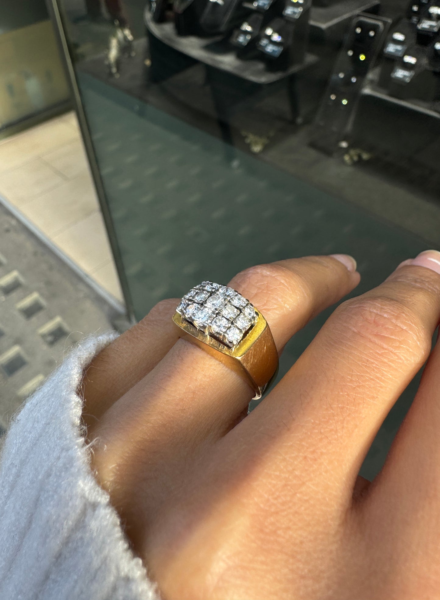 Vintage Bucherer Diamond Cluster Signet Dress Ring in 18K Yellow and White Gold