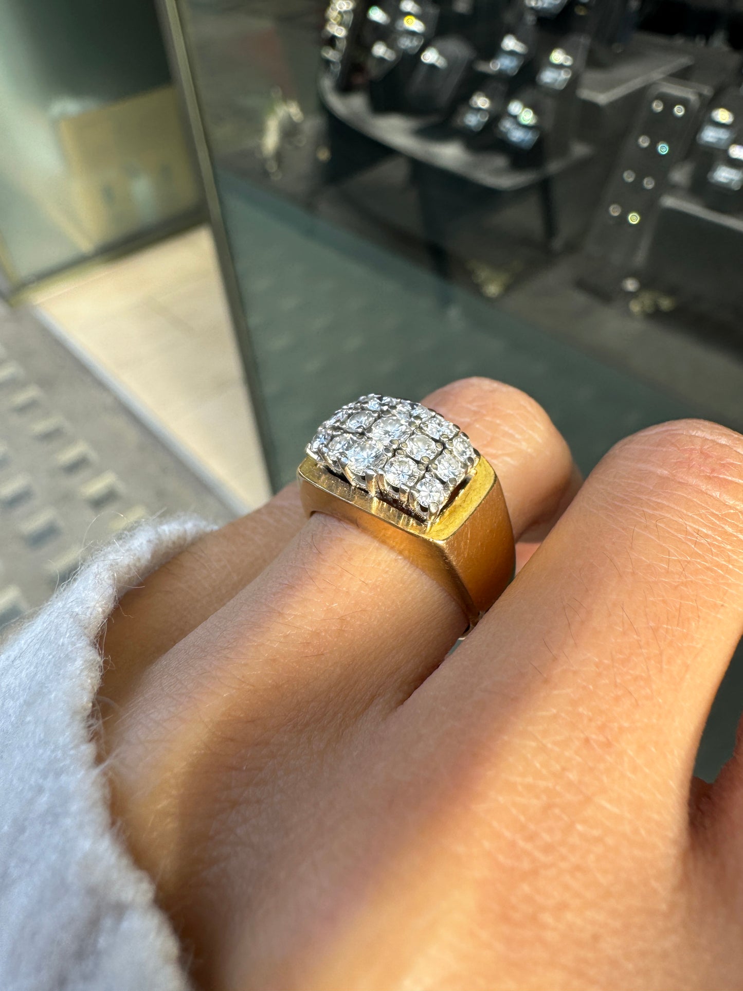 Vintage Bucherer Diamond Cluster Signet Dress Ring in 18K Yellow and White Gold