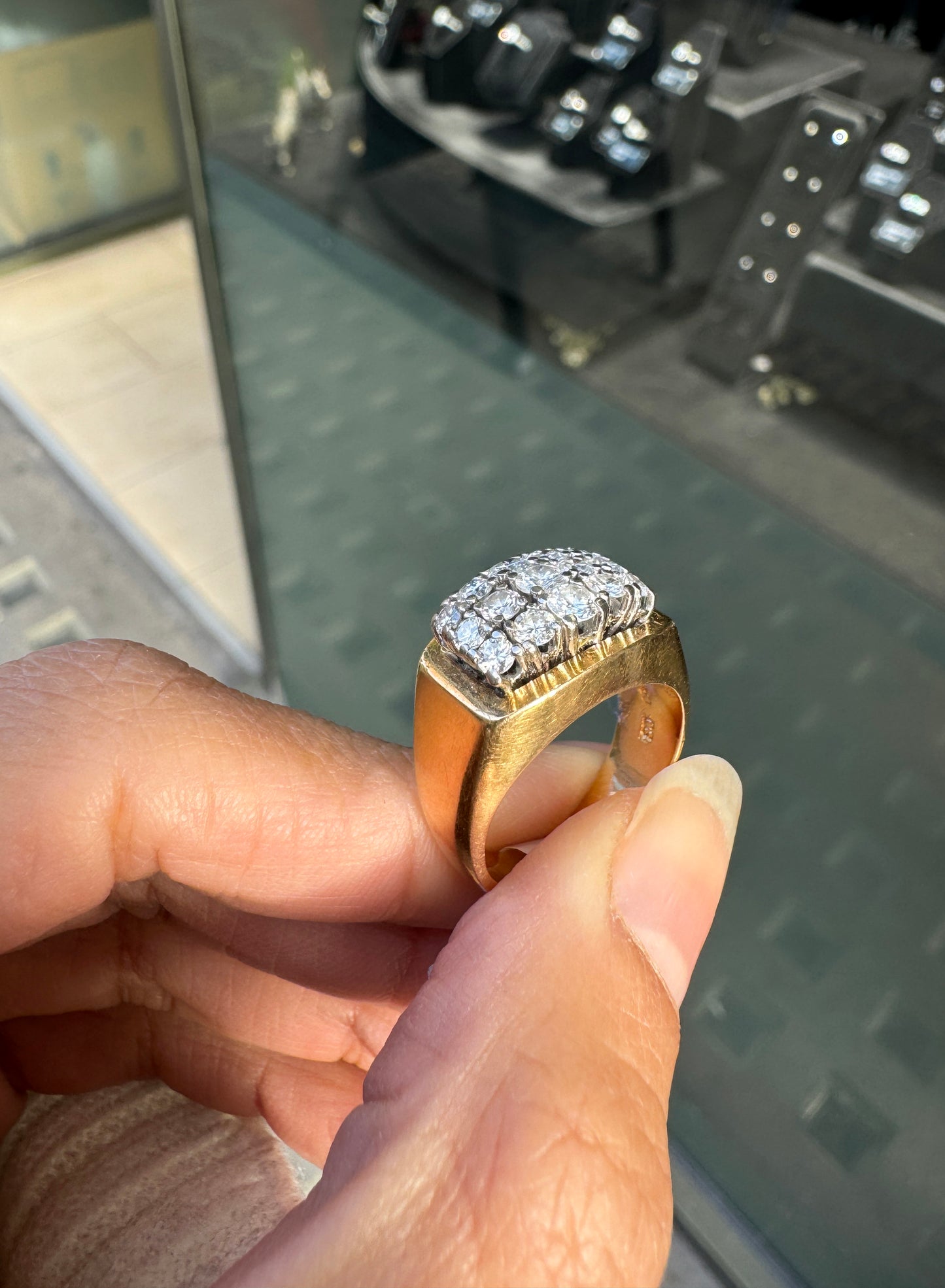 Vintage Bucherer Diamond Cluster Signet Dress Ring in 18K Yellow and White Gold