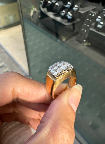 Vintage Bucherer Diamond Cluster Signet Dress Ring in 18K Yellow and White Gold