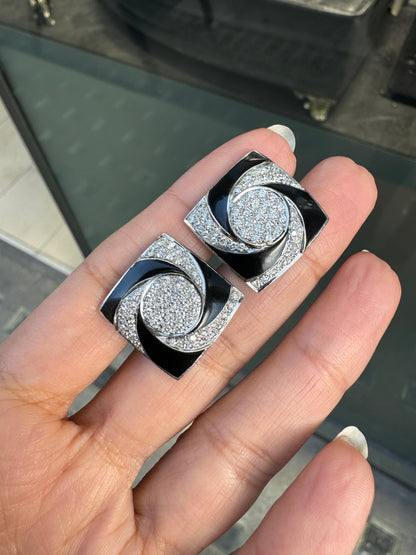 Diamond & Black Enamel 'Hypnotic' Swirl Square Cufflinks in 18 Carat White Gold