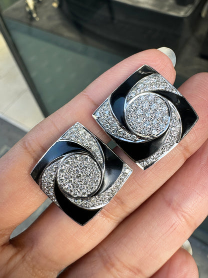 Diamond & Black Enamel 'Hypnotic' Swirl Square Cufflinks in 18 Carat White Gold