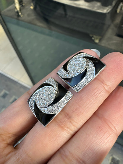 Diamond & Black Enamel 'Hypnotic' Swirl Square Cufflinks in 18 Carat White Gold