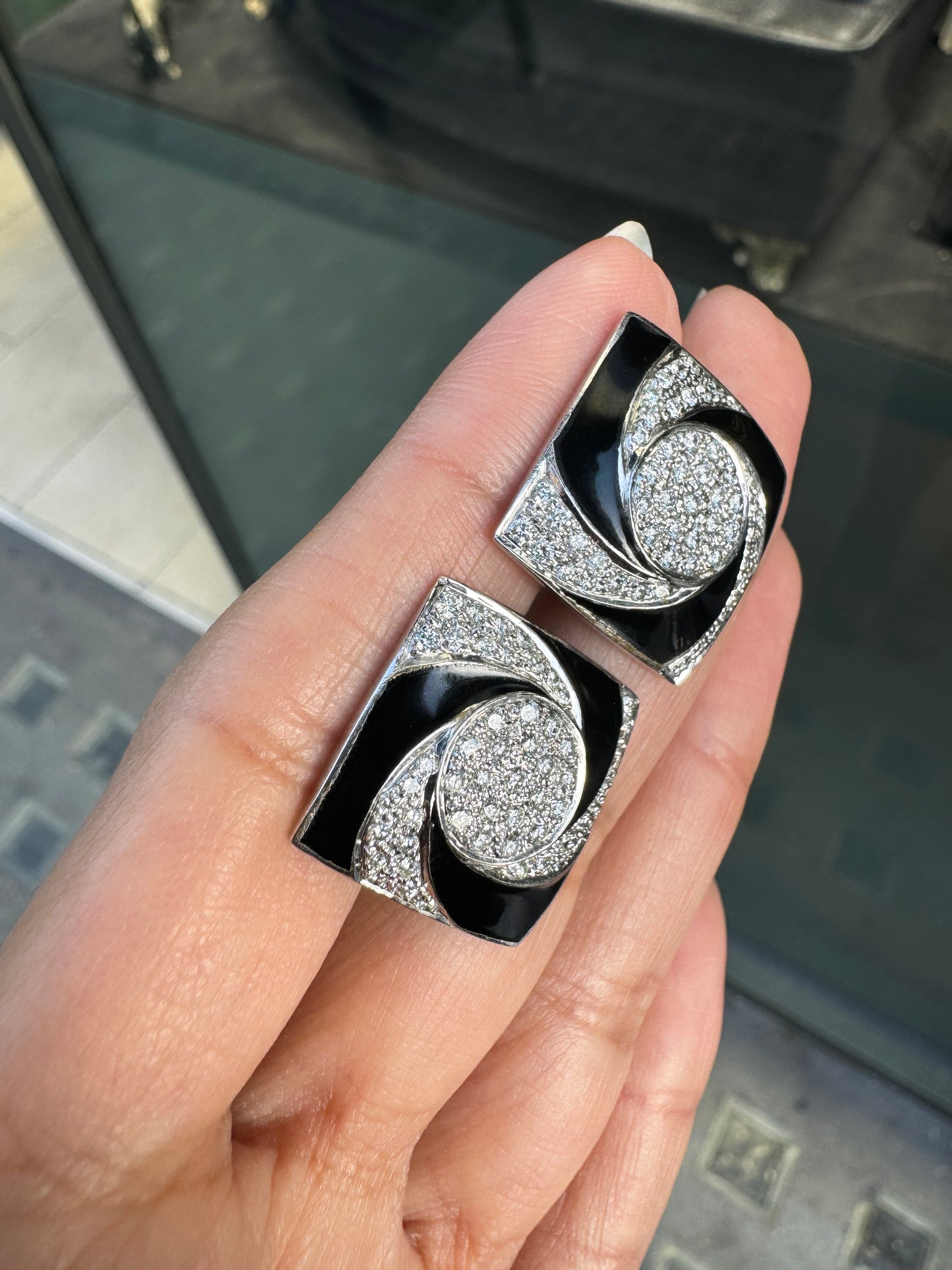 Diamond & Black Enamel 'Hypnotic' Swirl Square Cufflinks in 18 Carat White Gold