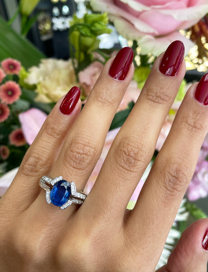 French 2.75 Carat Blue Sapphire and Diamond 18 Carat Gold Engagement Ring