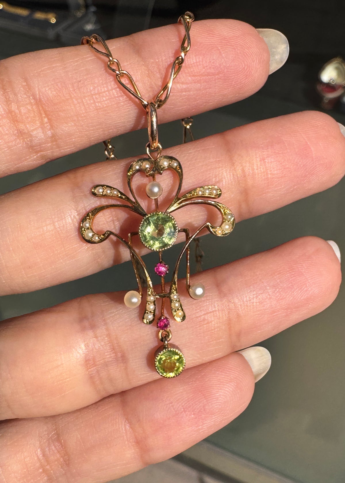 Ruby, Peridot & Seed Pearl 15K Gold Lavaliere Style Pendant and 9K Gold Chain