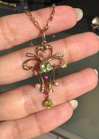 Ruby, Peridot & Seed Pearl 15K Gold Lavaliere Style Pendant and 9K Gold Chain