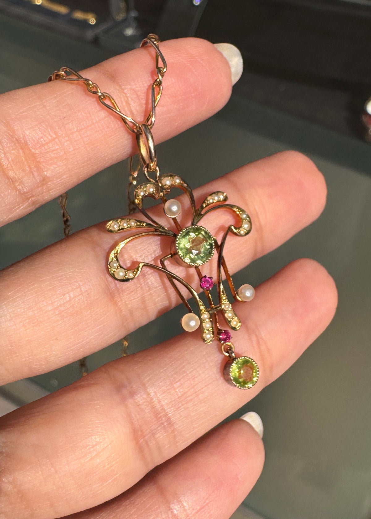 Ruby, Peridot & Seed Pearl 15K Gold Lavaliere Style Pendant and 9K Gold Chain