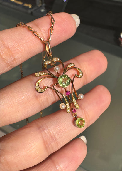 Ruby, Peridot & Seed Pearl 15K Gold Lavaliere Style Pendant and 9K Gold Chain