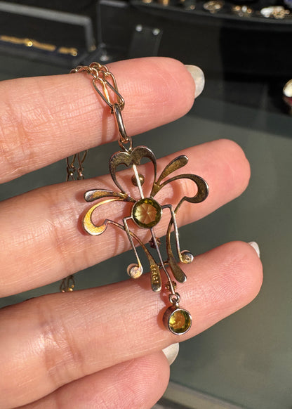 Ruby, Peridot & Seed Pearl 15K Gold Lavaliere Style Pendant and 9K Gold Chain