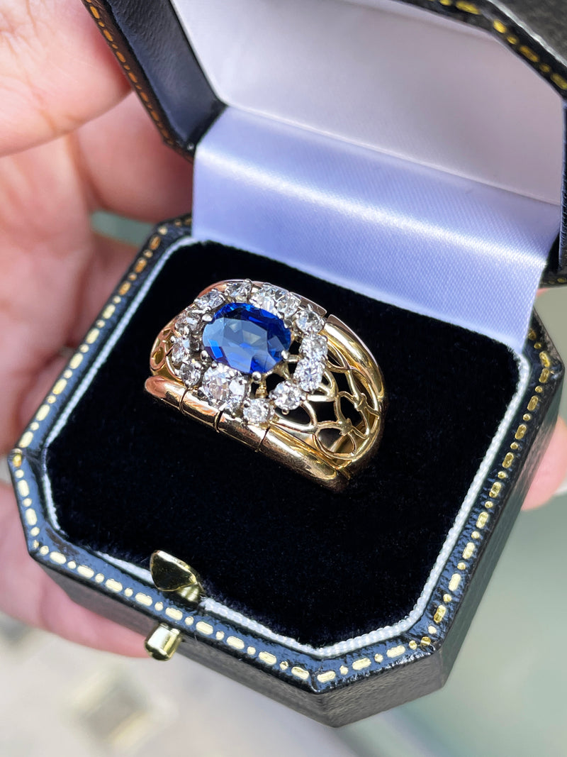 1.49ct Natural Unheated Blue Sapphire & Diamond 18K Gold Dress Ring, c.1940s