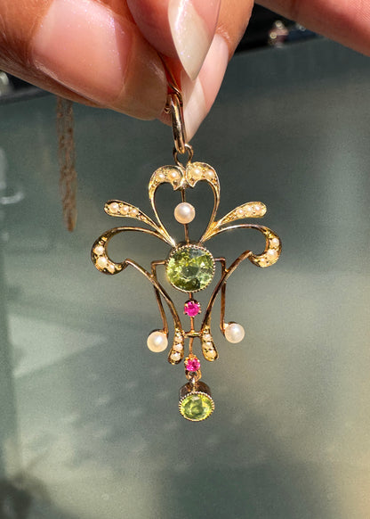 Ruby, Peridot & Seed Pearl 15K Gold Lavaliere Style Pendant and 9K Gold Chain