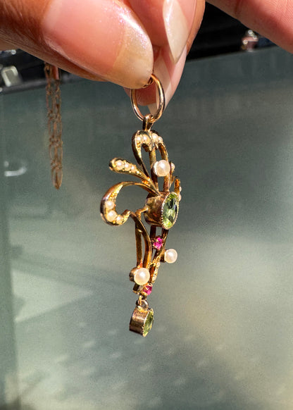 Ruby, Peridot & Seed Pearl 15K Gold Lavaliere Style Pendant and 9K Gold Chain