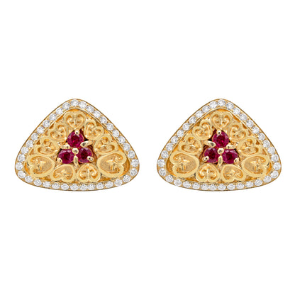 Ruby and Diamond 18 Carat Yellow Gold Triangular Earrings