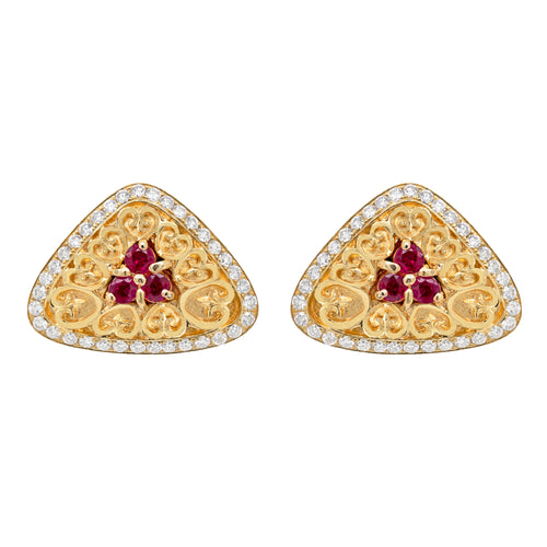Ruby and Diamond 18 Carat Yellow Gold Triangular Earrings