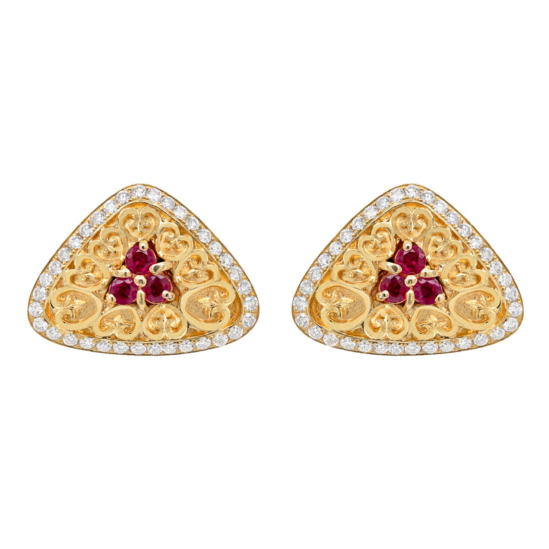Ruby and Diamond 18 Carat Yellow Gold Triangular Earrings