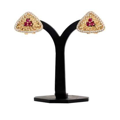 Ruby and Diamond 18 Carat Yellow Gold Triangular Earrings