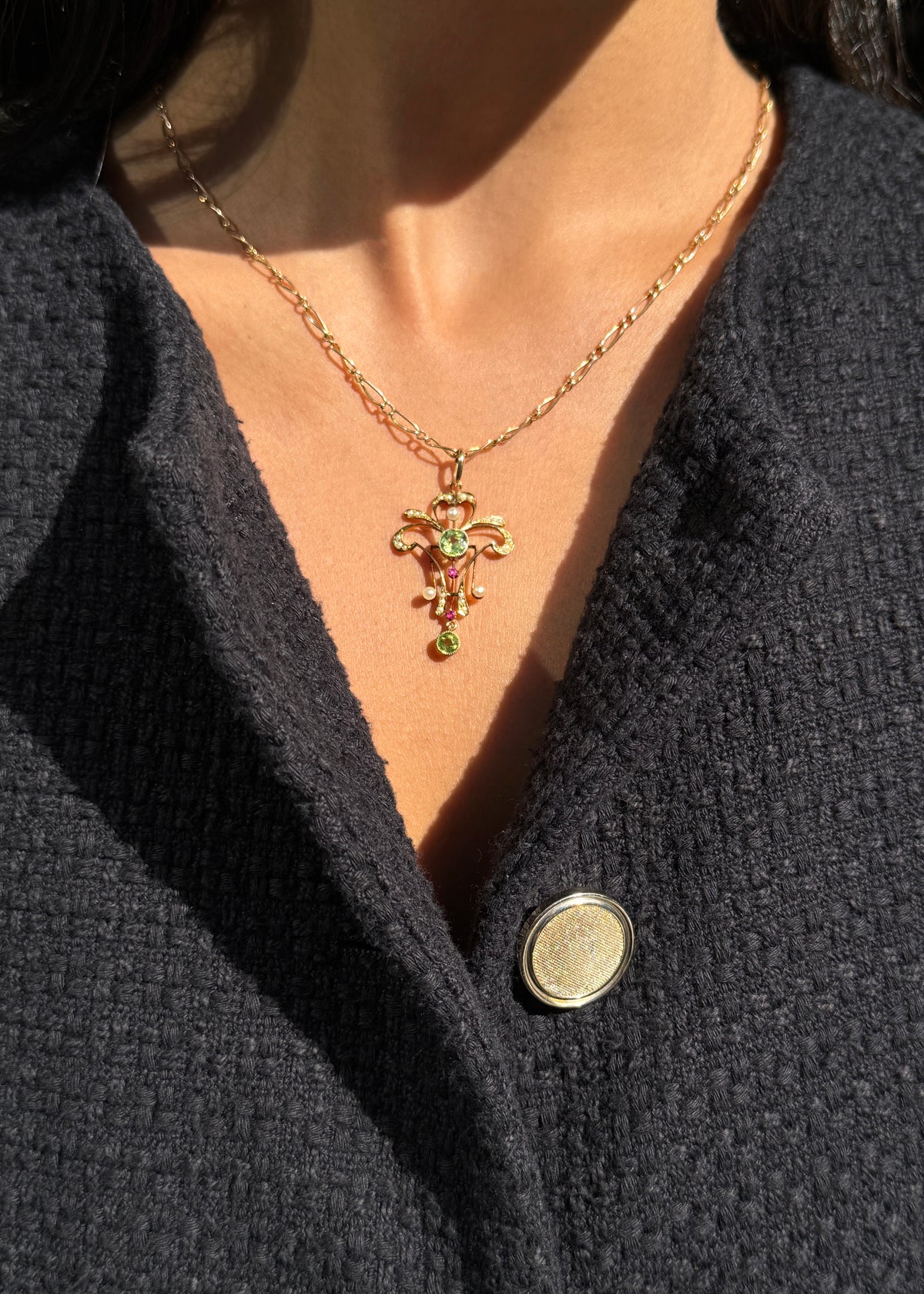 Ruby, Peridot & Seed Pearl 15K Gold Lavaliere Style Pendant and 9K Gold Chain