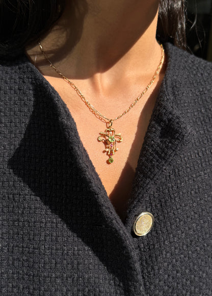 Ruby, Peridot & Seed Pearl 15K Gold Lavaliere Style Pendant and 9K Gold Chain