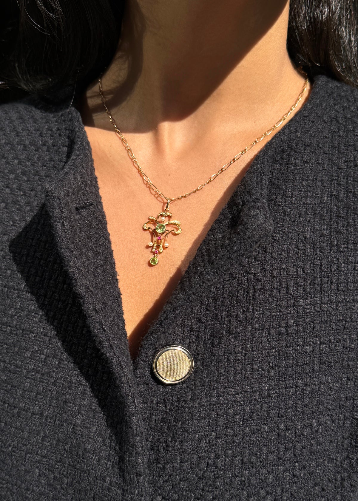 Ruby, Peridot & Seed Pearl 15K Gold Lavaliere Style Pendant and 9K Gold Chain