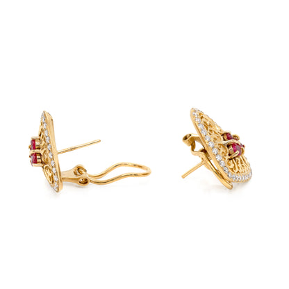 Ruby and Diamond 18 Carat Yellow Gold Triangular Earrings