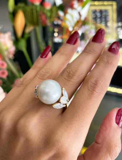 South Sea Pearl and Diamond 18 Carat Yellow Gold Cocktail Ring