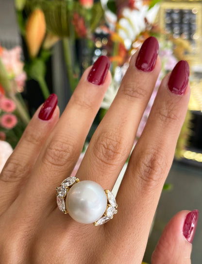 South Sea Pearl and Diamond 18 Carat Yellow Gold Cocktail Ring
