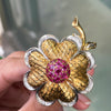 Vintage Ruby and Diamond 18 Carat White & Yellow Gold Flower Brooch