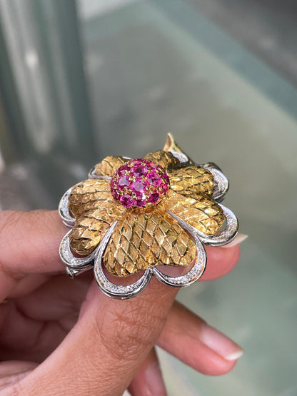 Vintage Ruby and Diamond 18 Carat White & Yellow Gold Flower Brooch