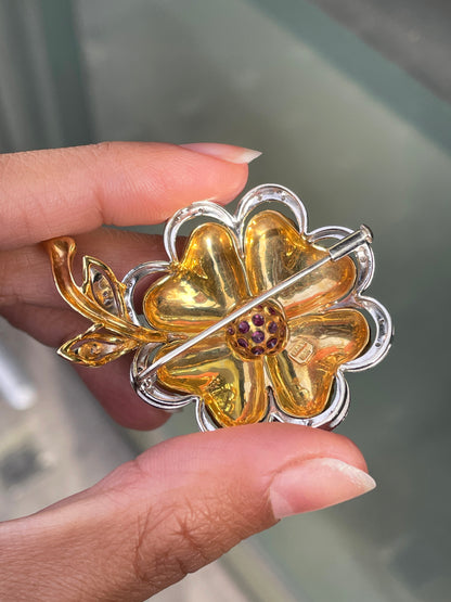 Vintage Ruby and Diamond 18 Carat White & Yellow Gold Flower Brooch