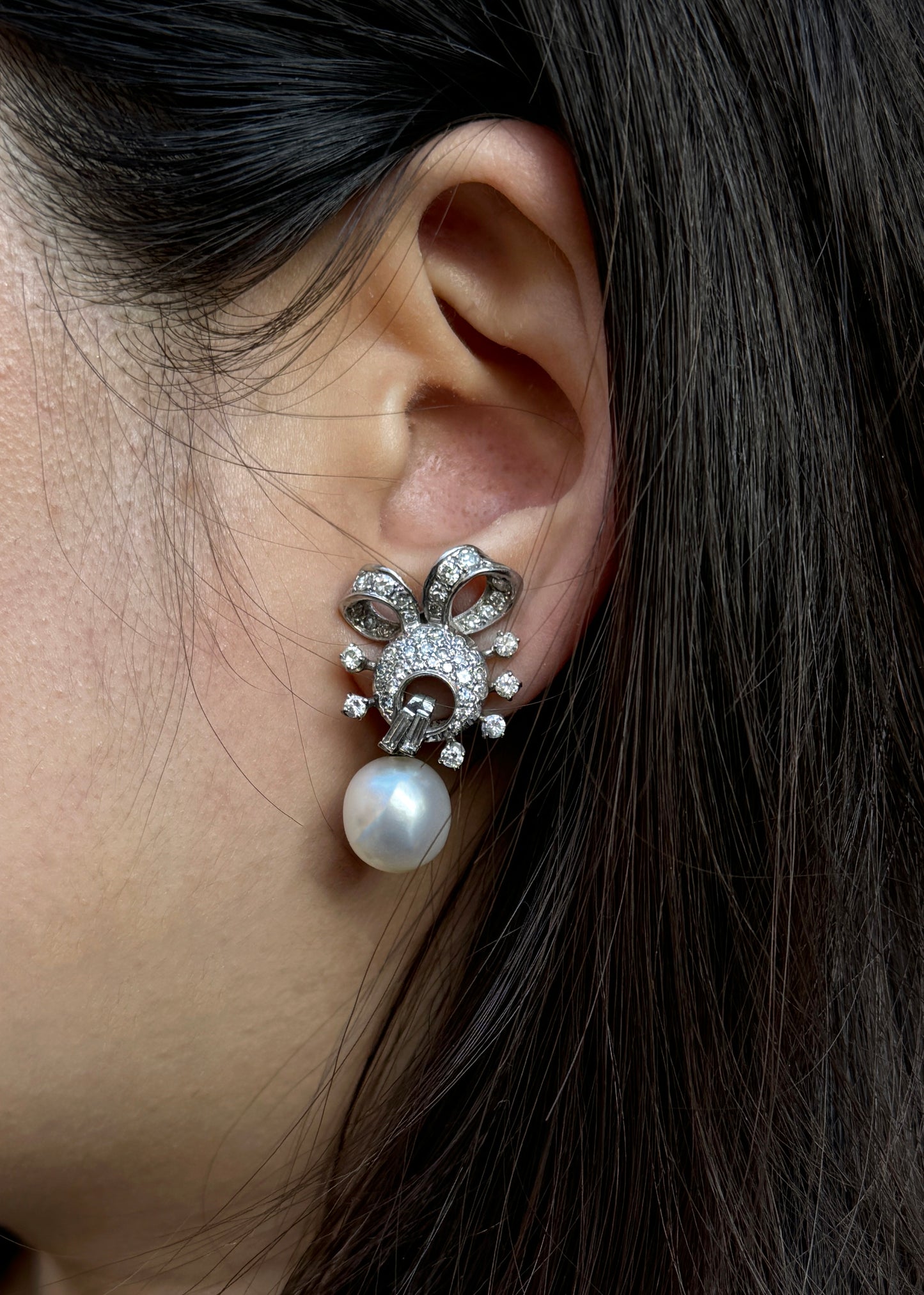 Pearl and Diamond Cluster 18K White Gold Day & Night Bow Dangle Clip-On Earrings