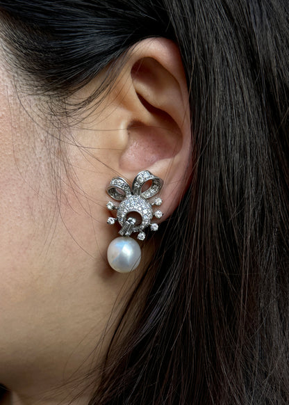 Pearl and Diamond Cluster 18K White Gold Day & Night Bow Dangle Clip-On Earrings