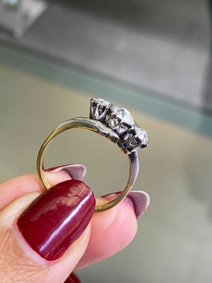 Old Cut Three-Stone Twist 18 Carat Gold and Platinum Ring, Circa 1920s