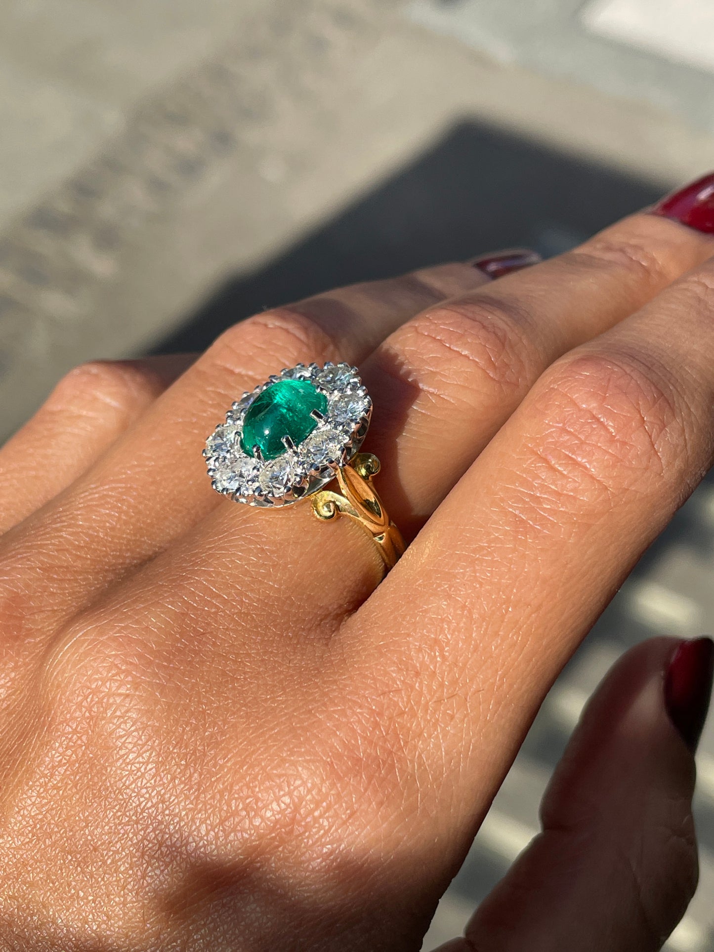 Vintage Cabochon Emerald and Diamond Cluster 18 Carat Gold Engagement Ring, 1974