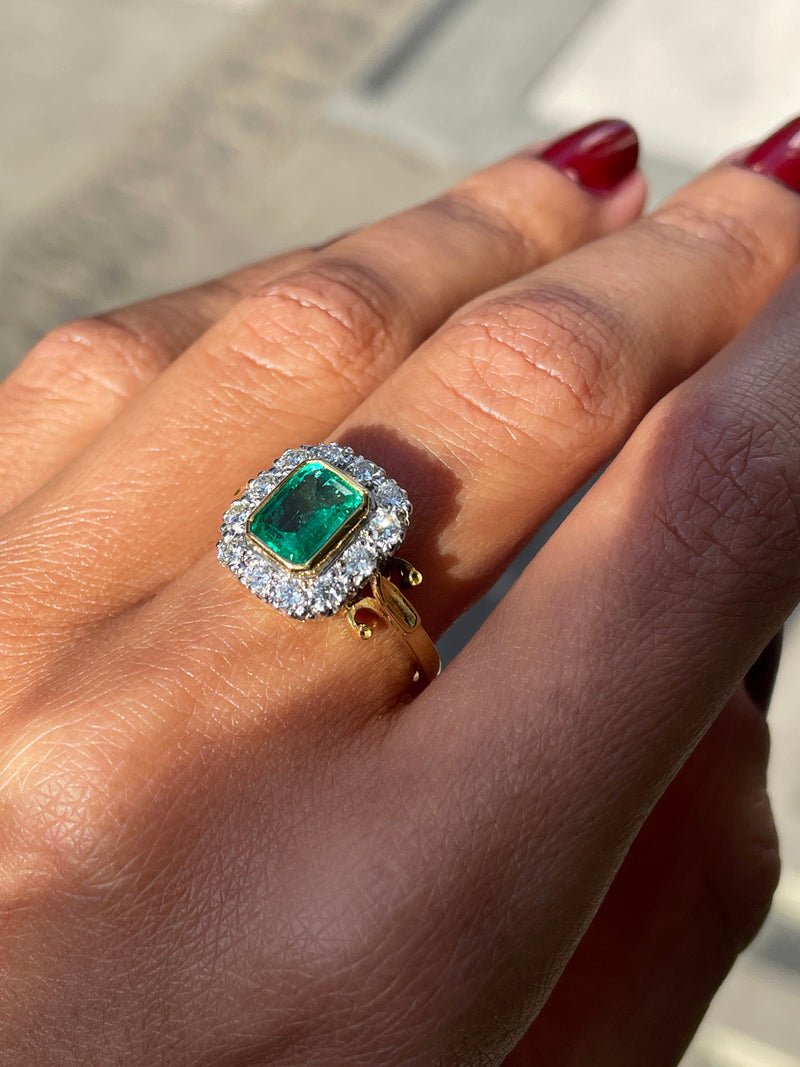 1.16ct Emerald and Diamond 18 Carat White & Yellow Gold Cluster Engagement Ring
