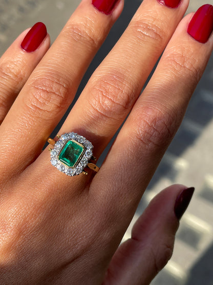1.16ct Emerald and Diamond 18 Carat White & Yellow Gold Cluster Engagement Ring