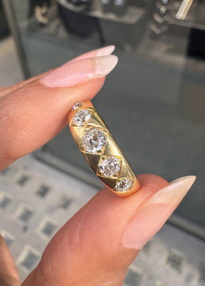 Late Victorian Old Mine Cut Diamond Five-Stone Band Ring in 18 Carat Yellow Gold