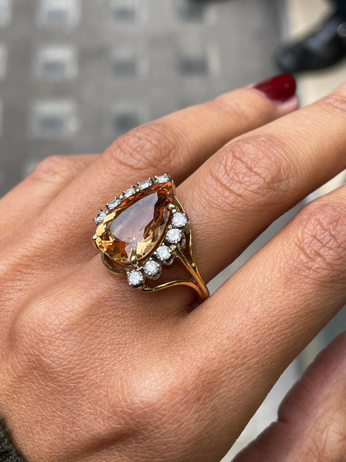 Pear Shape Imperial Topaz and Diamond 18 Carat White & Yellow Gold Cocktail Ring