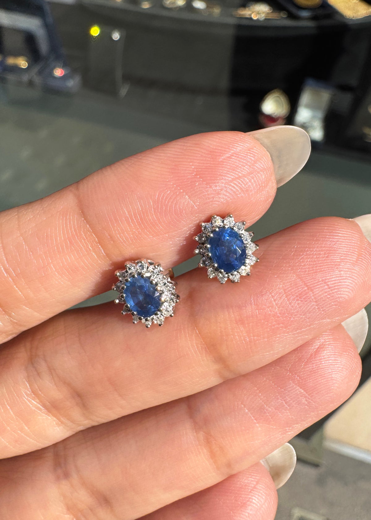 Blue Sapphire and Diamond Halo Oval Stud Earrings in 9 Carat Gold