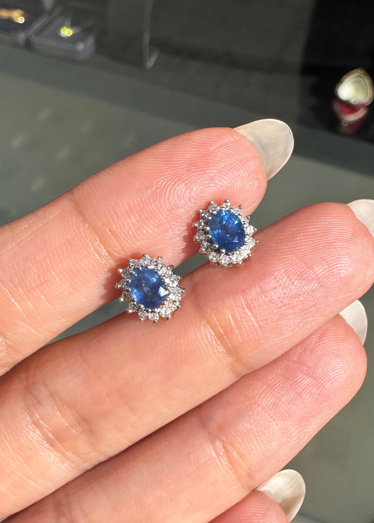 Blue Sapphire and Diamond Halo Oval Stud Earrings in 9 Carat Gold