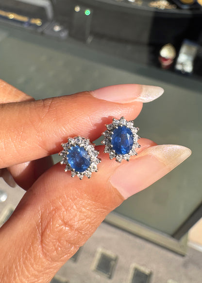 Blue Sapphire and Diamond Halo Oval Stud Earrings in 9 Carat Gold
