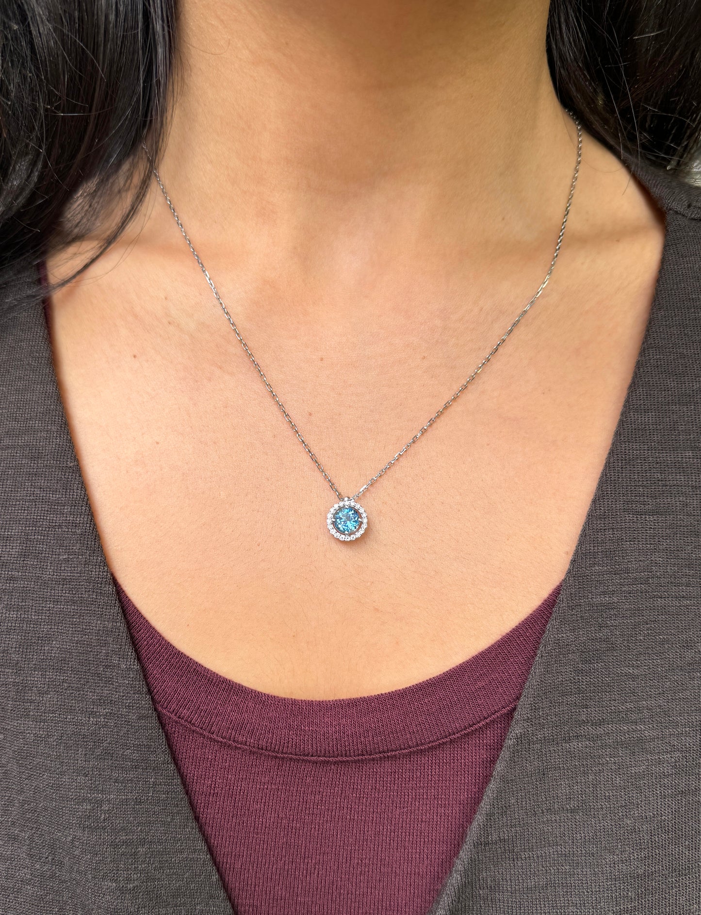 Round Aquamarine and Diamond Halo 18 Carat White Gold Cluster Pendant