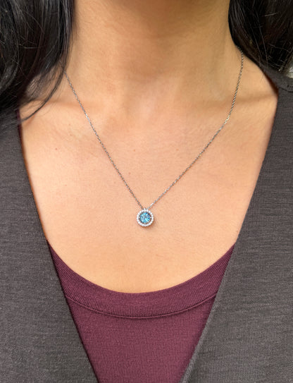 Round Aquamarine and Diamond Halo 18 Carat White Gold Cluster Pendant