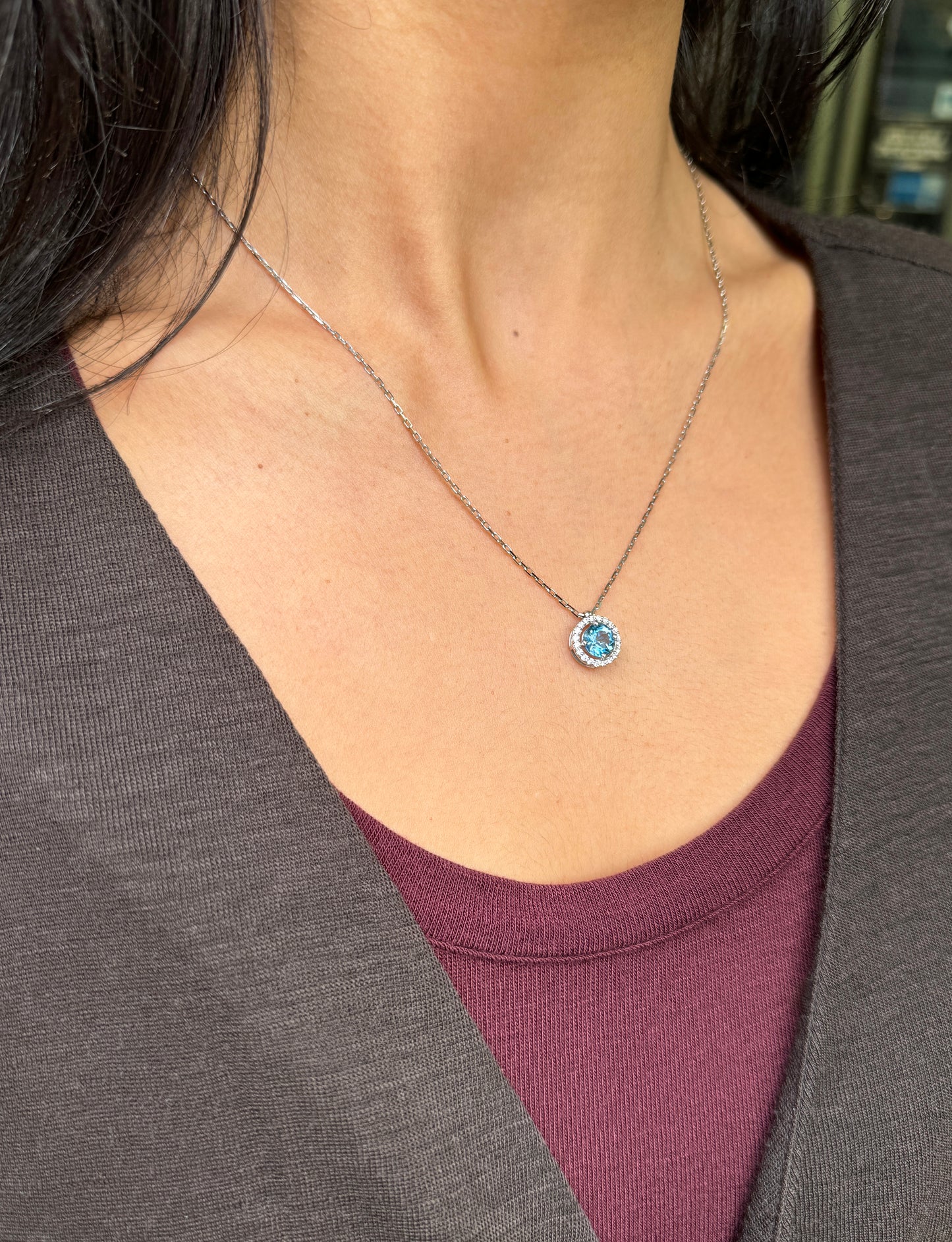 Round Aquamarine and Diamond Halo 18 Carat White Gold Cluster Pendant