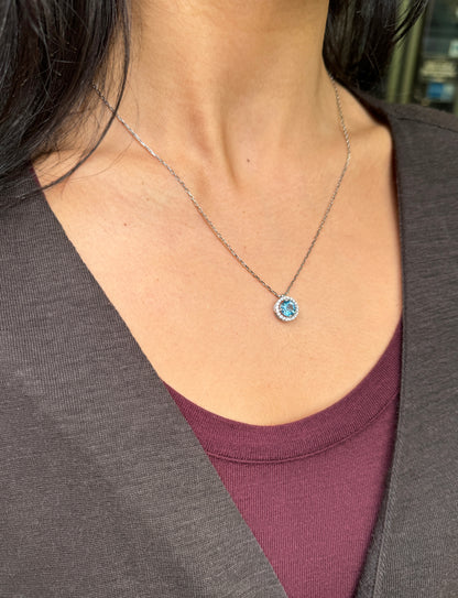 Round Aquamarine and Diamond Halo 18 Carat White Gold Cluster Pendant