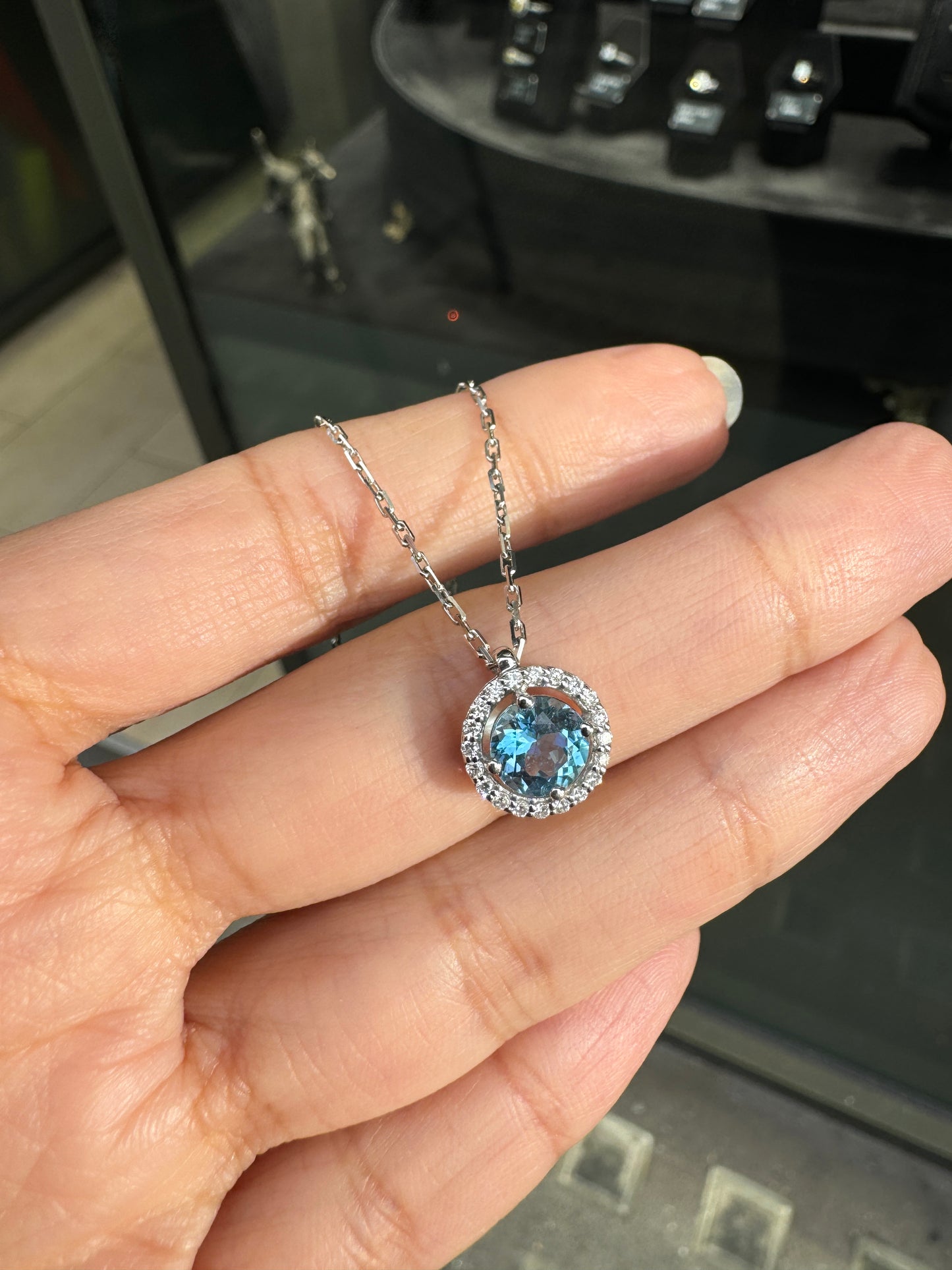 Round Aquamarine and Diamond Halo 18 Carat White Gold Cluster Pendant