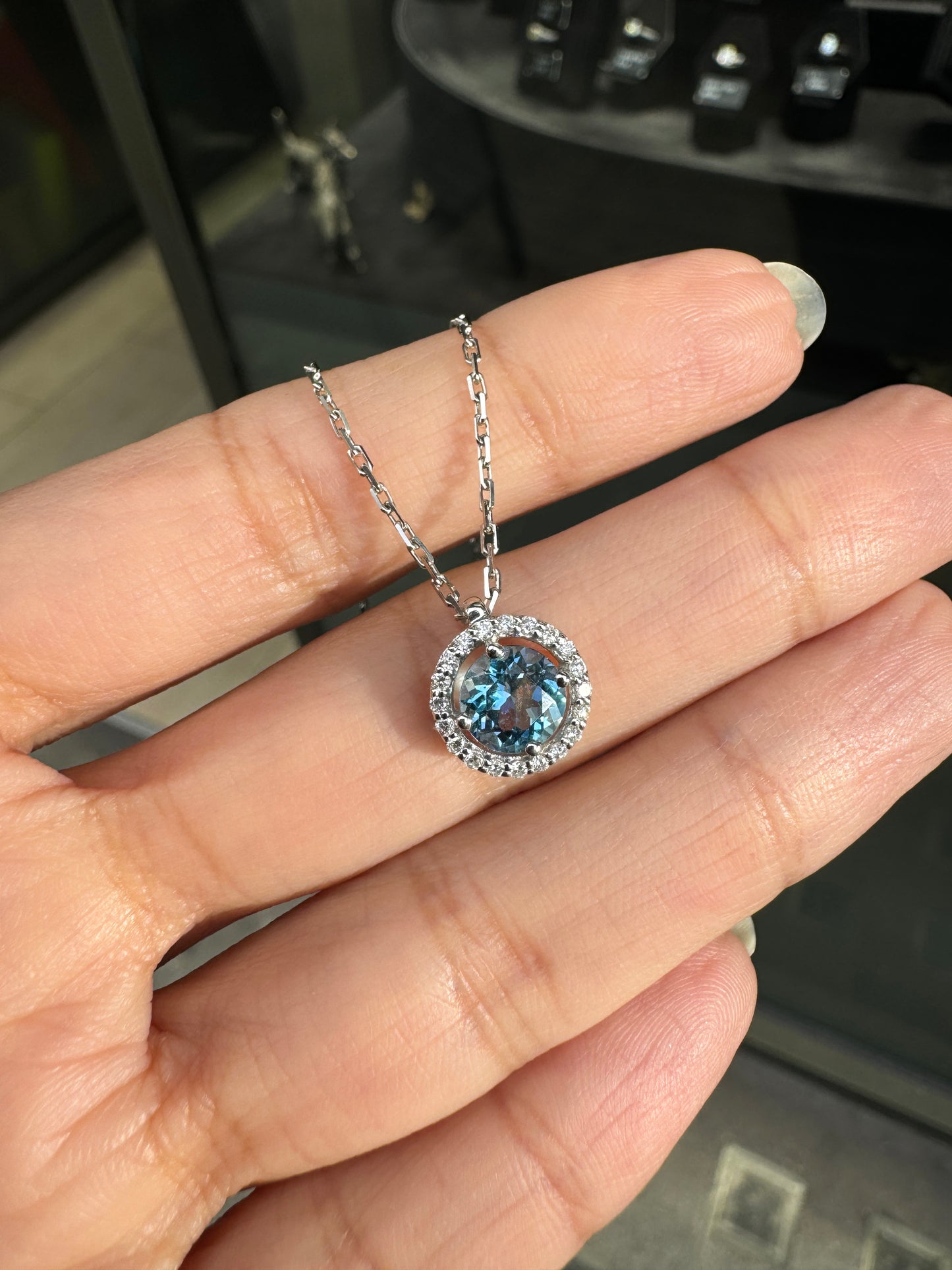 Round Aquamarine and Diamond Halo 18 Carat White Gold Cluster Pendant
