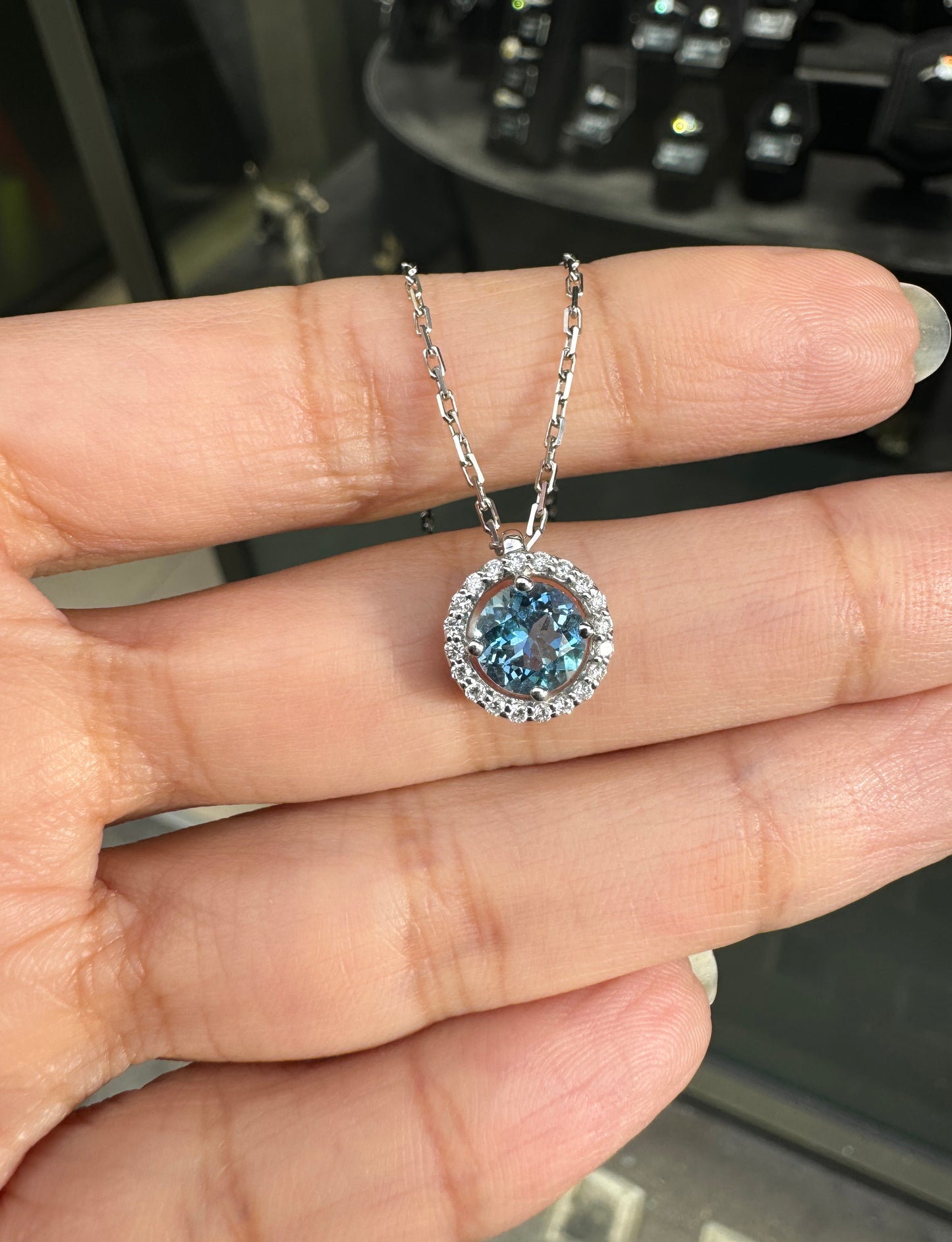 Round Aquamarine and Diamond Halo 18 Carat White Gold Cluster Pendant